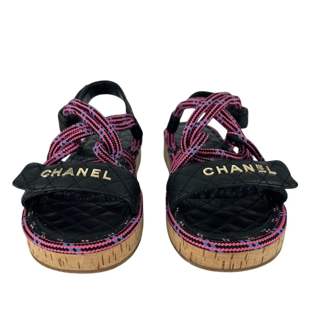 Chanel 2020 Cord Lambskin Quilted Logo Sandals Pink Black Size 38